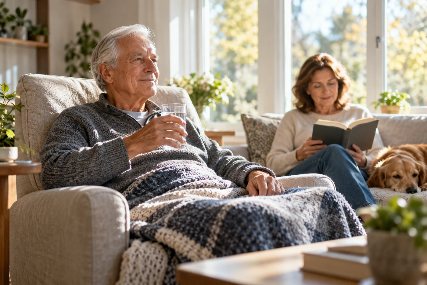 Older man resting upright in bright living room with blanket, water glass and sunlight, recovery atmosphere, family member reading nearby. Illustrative editorial photograph.