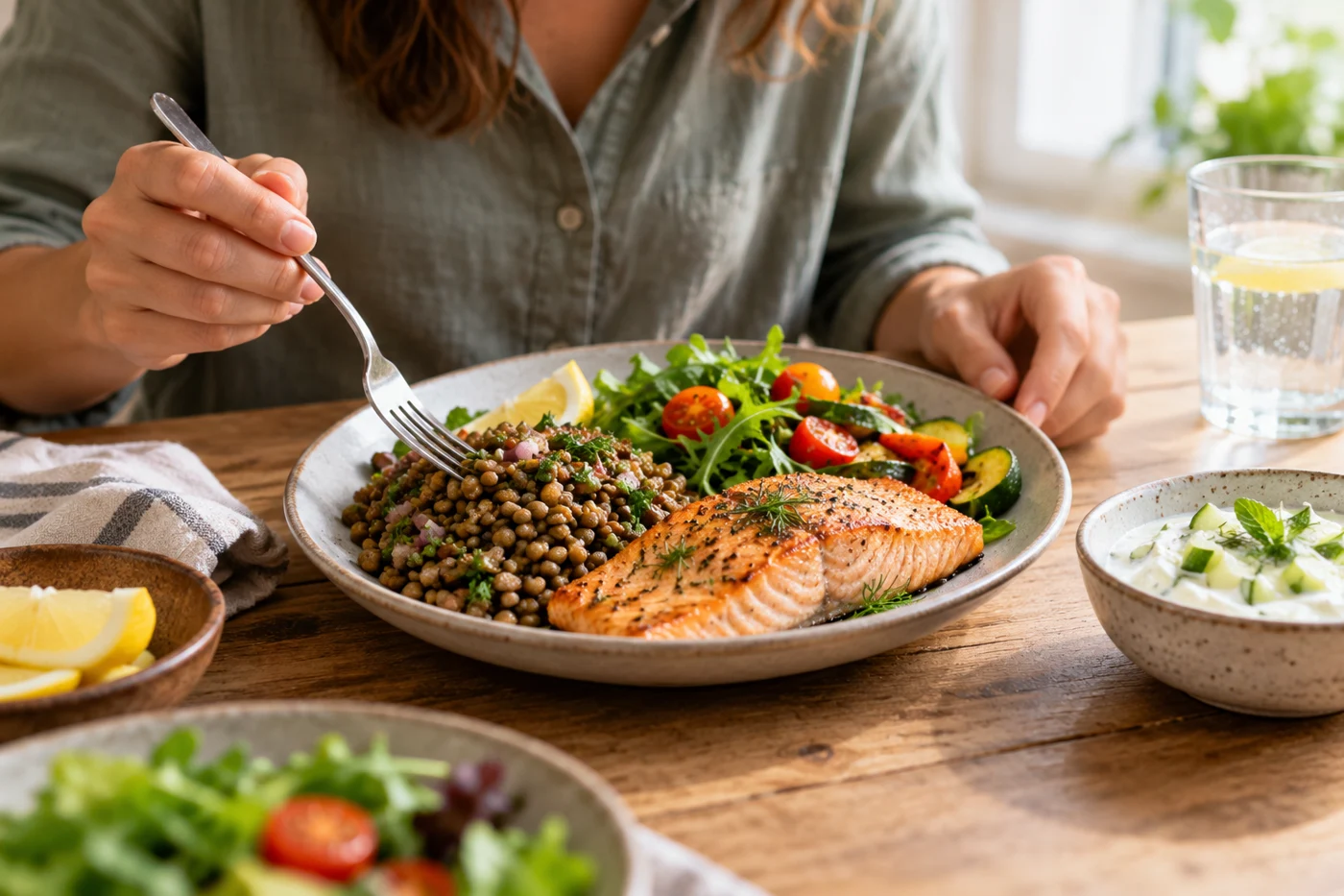 balanced meal with fish lentils vegetables and yogurt. Illustrative editorial photograph.