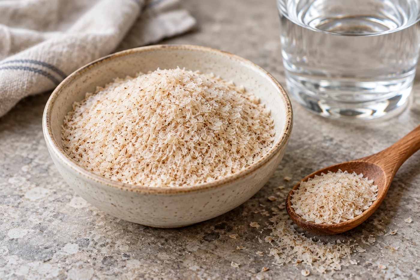 Macro food photograph of pale beige psyllium husks in a ceramic bowl, wooden spoon and clear drinking water on a stone countertop. Illustrative editorial image.
