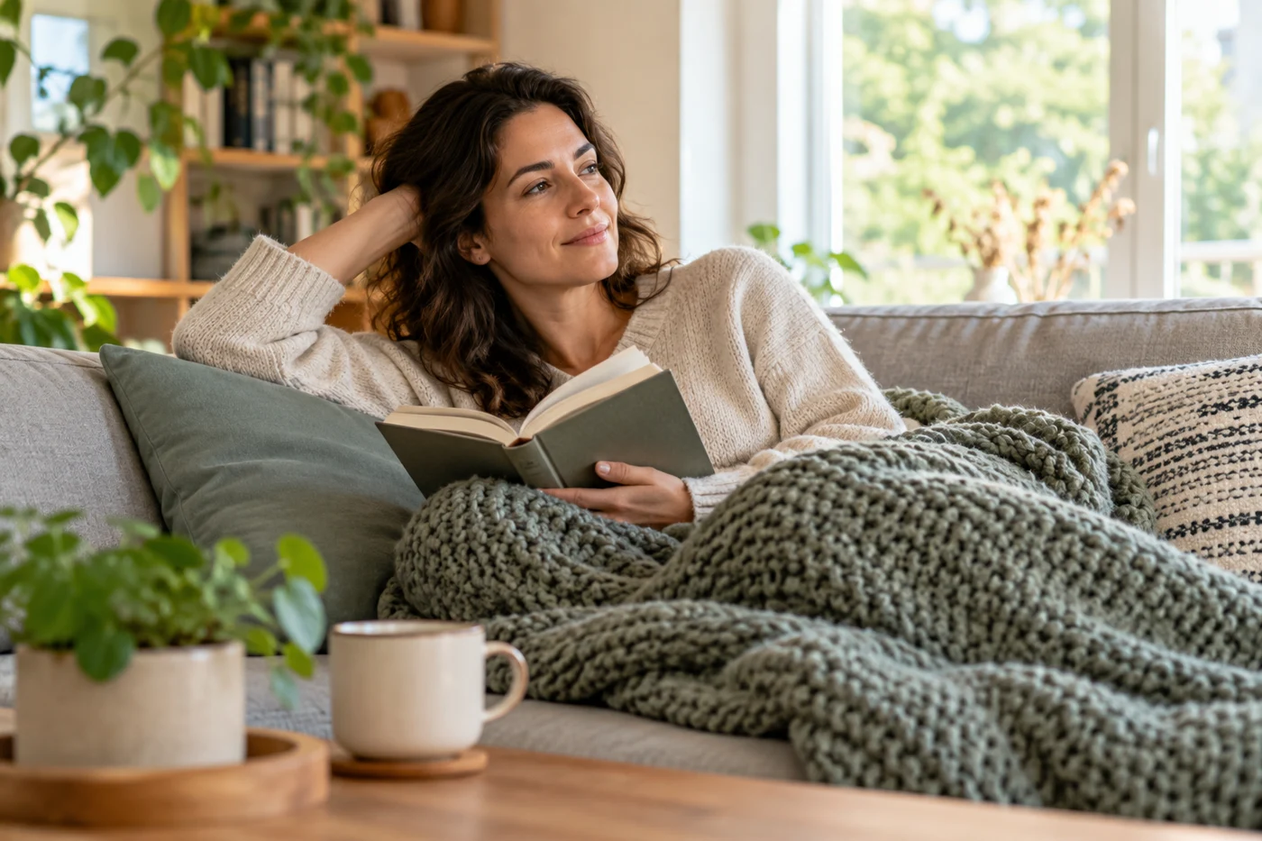 resting adult on sofa with blanket and book, peaceful daylight. Illustrative editorial photograph.