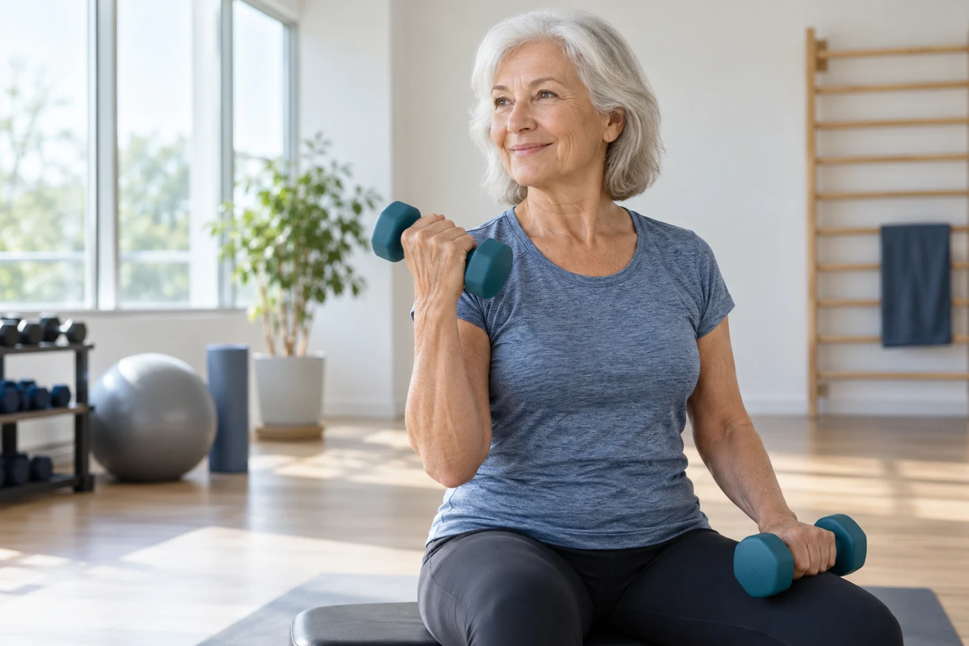 An older woman performing a controlled light dumbbell curl in a bright uncluttered exercise room, authentic healthy-ageing photography. Illustrative editorial image.