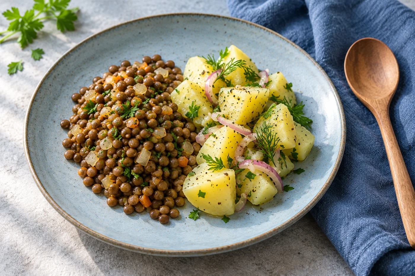 Cooked lentils and herb potato salad on a blue plate; illustrative editorial food photograph.