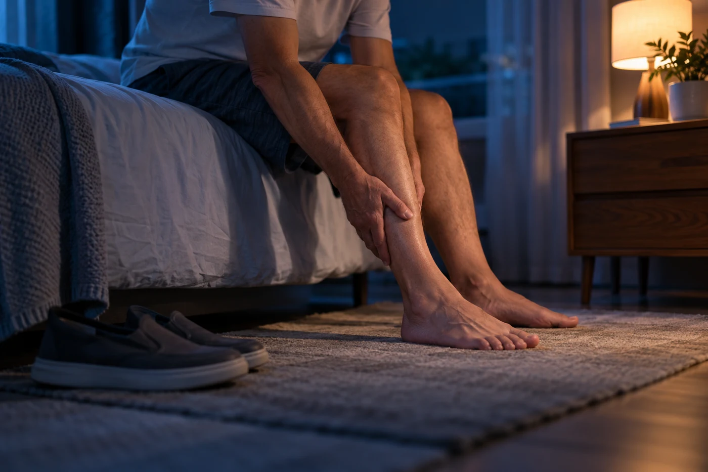Person sitting on edge of bed stretching lower legs in dim blue evening light, bedside shoes, face out of frame. Illustrative editorial photograph.