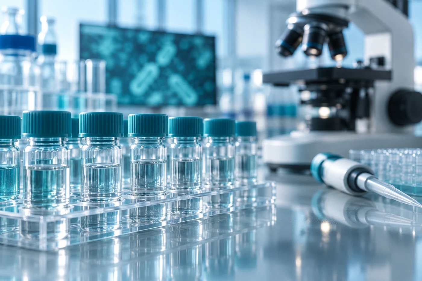 Sample vials and a micropipette in a laboratory, with a microscope in the background. Illustrative microbiome research photograph.