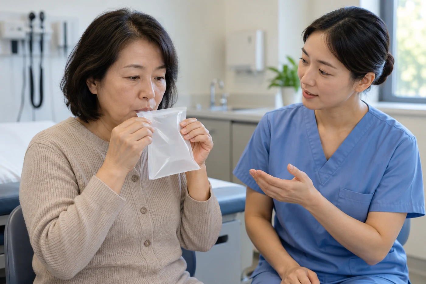 A patient and nurse preparing a breath-sampling test in an outpatient clinic.