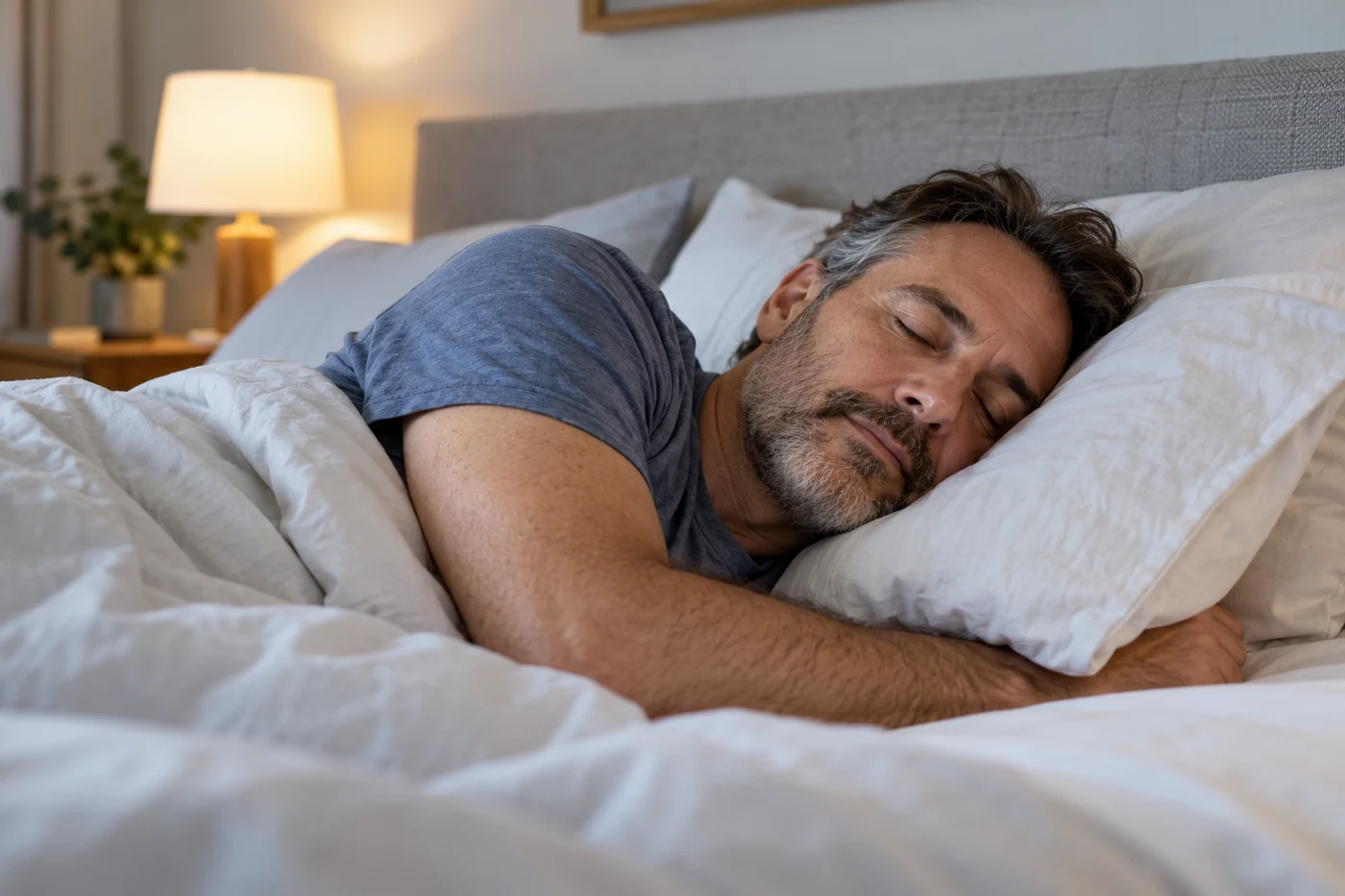 A middle-aged man peacefully sleeping on his side in a softly lit bedroom, authentic candid sleep-health editorial photo, no device. Illustrative editorial image.
