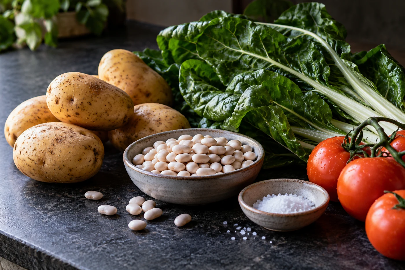 Potatoes, beans, leafy greens and tomatoes beside a small salt dish.