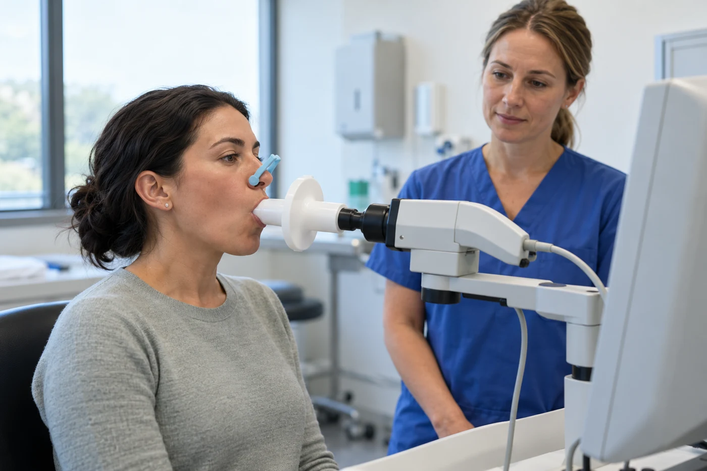 Woman performing spirometry under nurse supervision using disposable mouthpiece and nose clip, modern respiratory laboratory, equipment screen turned away. Illustrative editorial photograph.