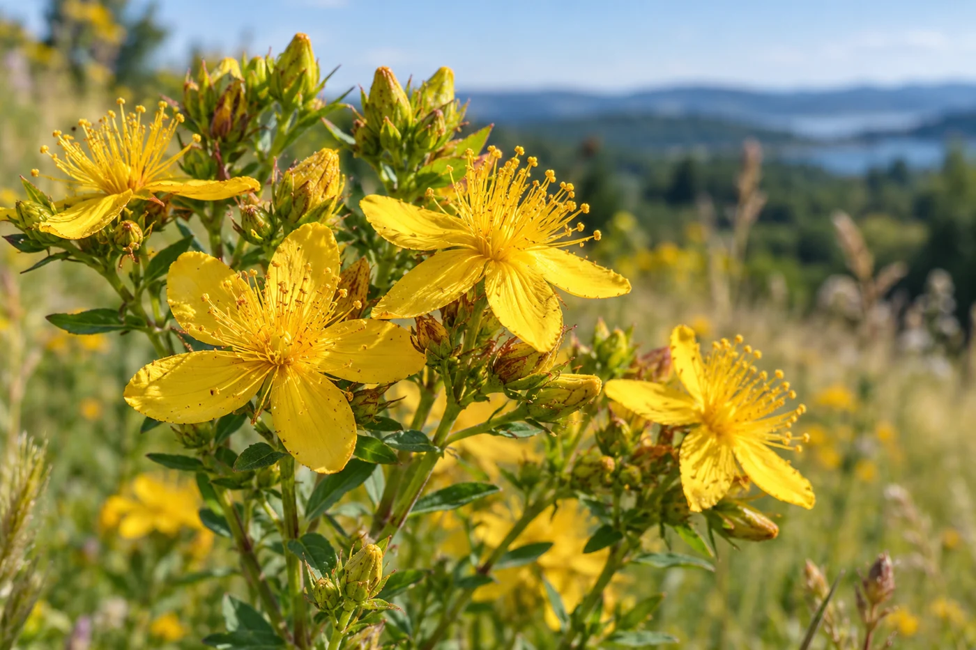 Botanical macro photograph of St Johns wort Hypericum perforatum yellow five-petalled flowers with many fine stamens, sunlit meadow background. Illustrative editorial image.