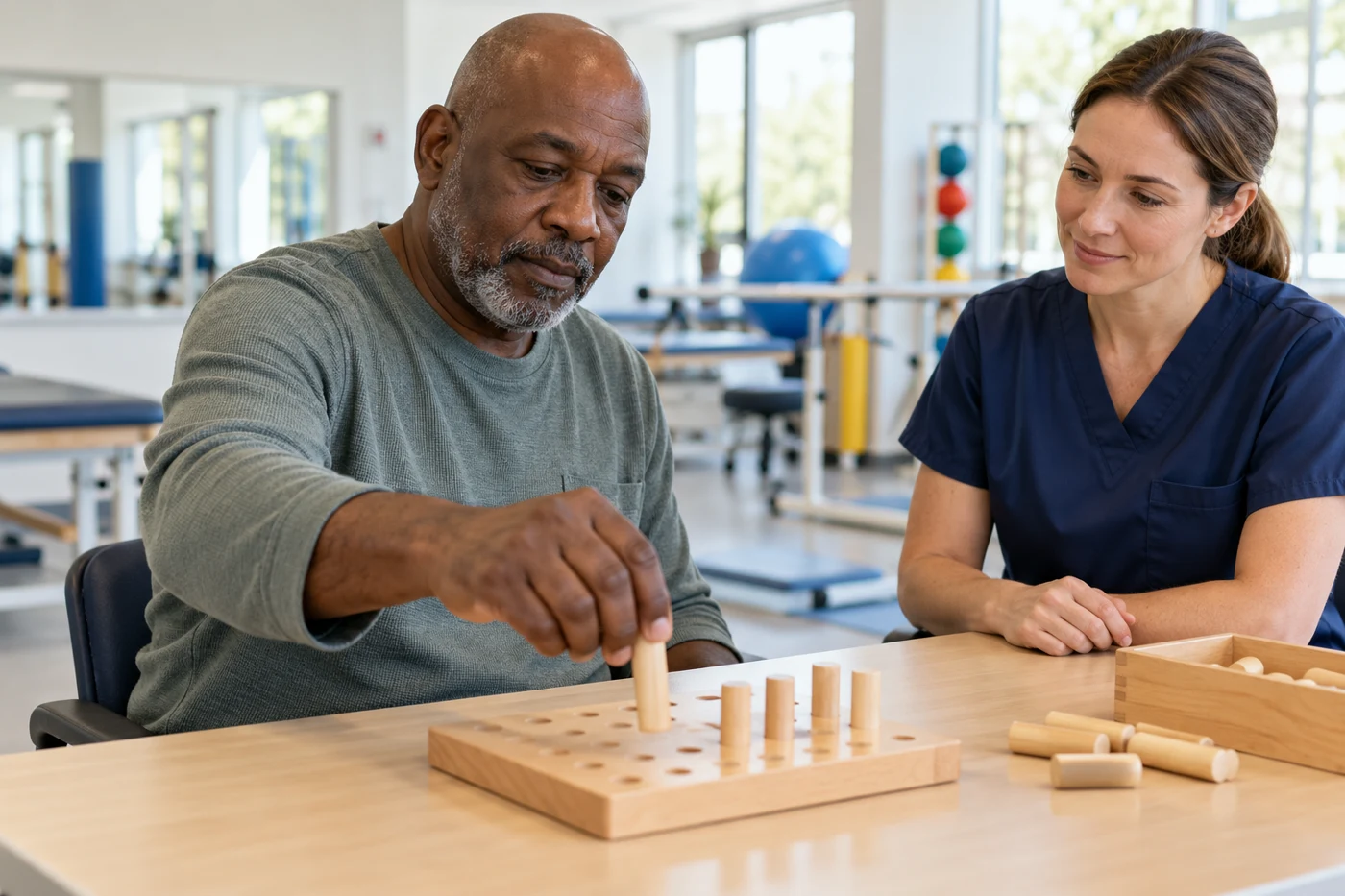 Illustrative rehabilitation scene showing supervised hand practice with wooden pegs.