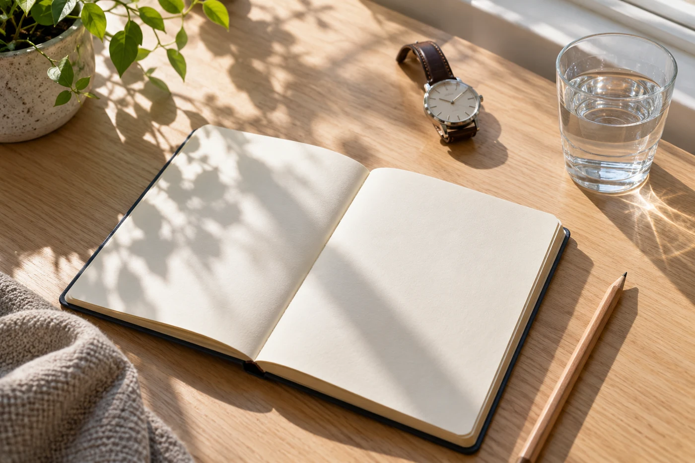 An open notebook, pencil, watch and glass of water on a desk.