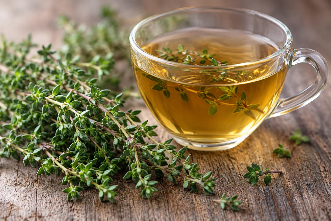 Macro botanical photograph of fresh culinary thyme Thymus vulgaris fine small leaves on woody sprigs beside a cup of amber herbal infusion, no bottle. Illustrative editorial image.