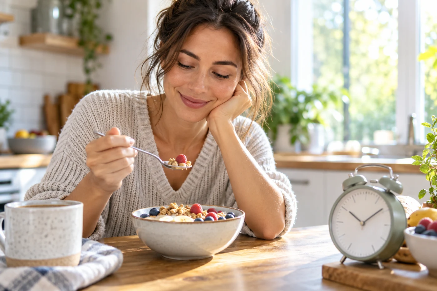 breakfast bowl and clock in bright kitchen, no readable numbers. Illustrative editorial photograph.
