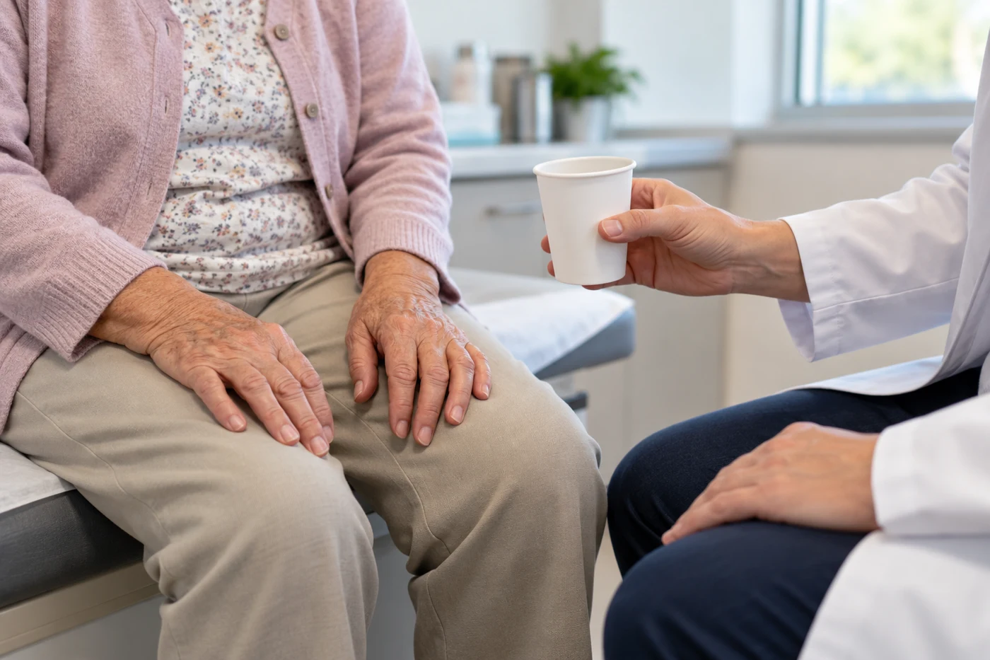 Hands and a plain cup during a clinical movement assessment.