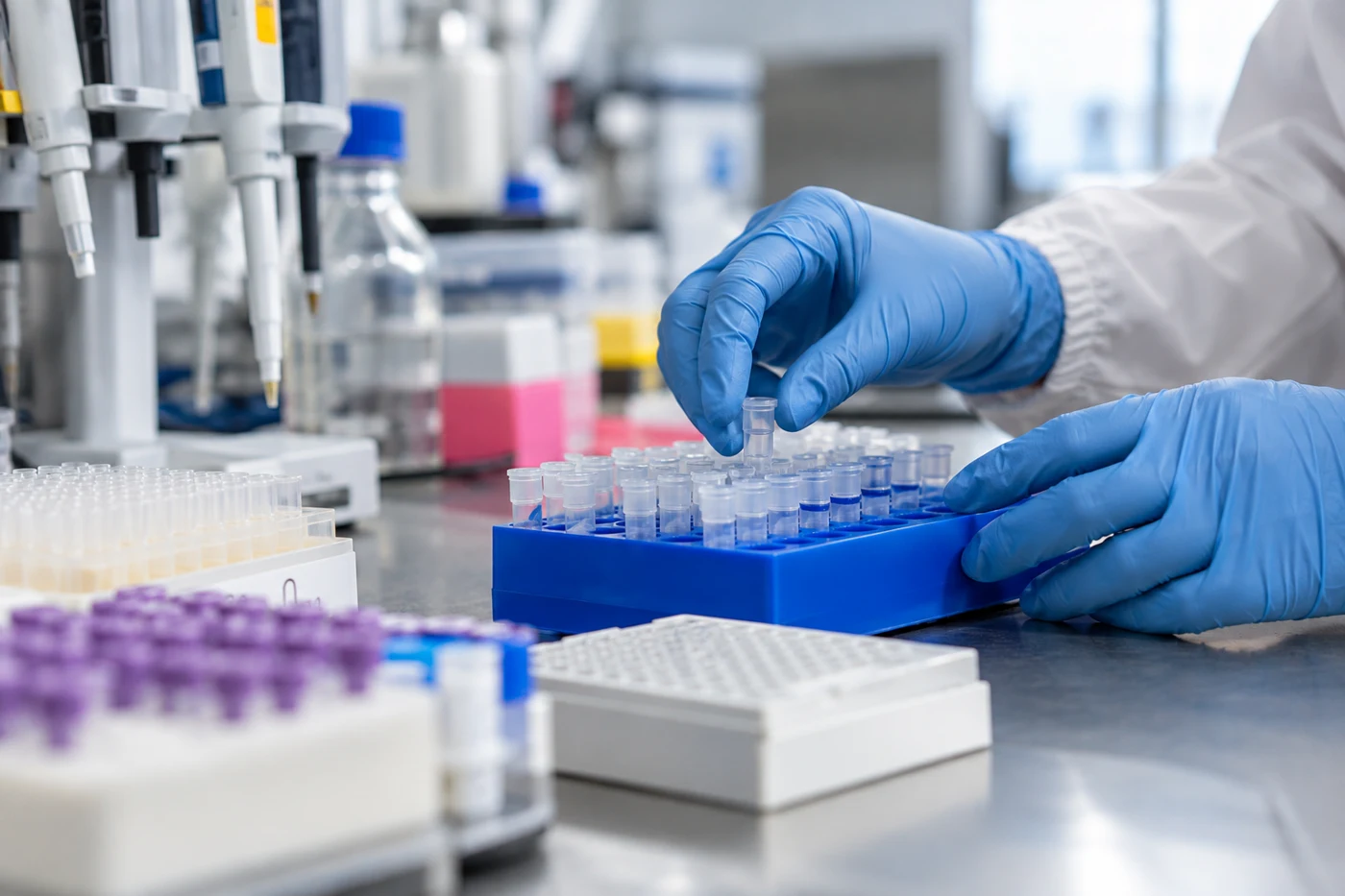 Gloved hands organizing sample tubes in a molecular laboratory.