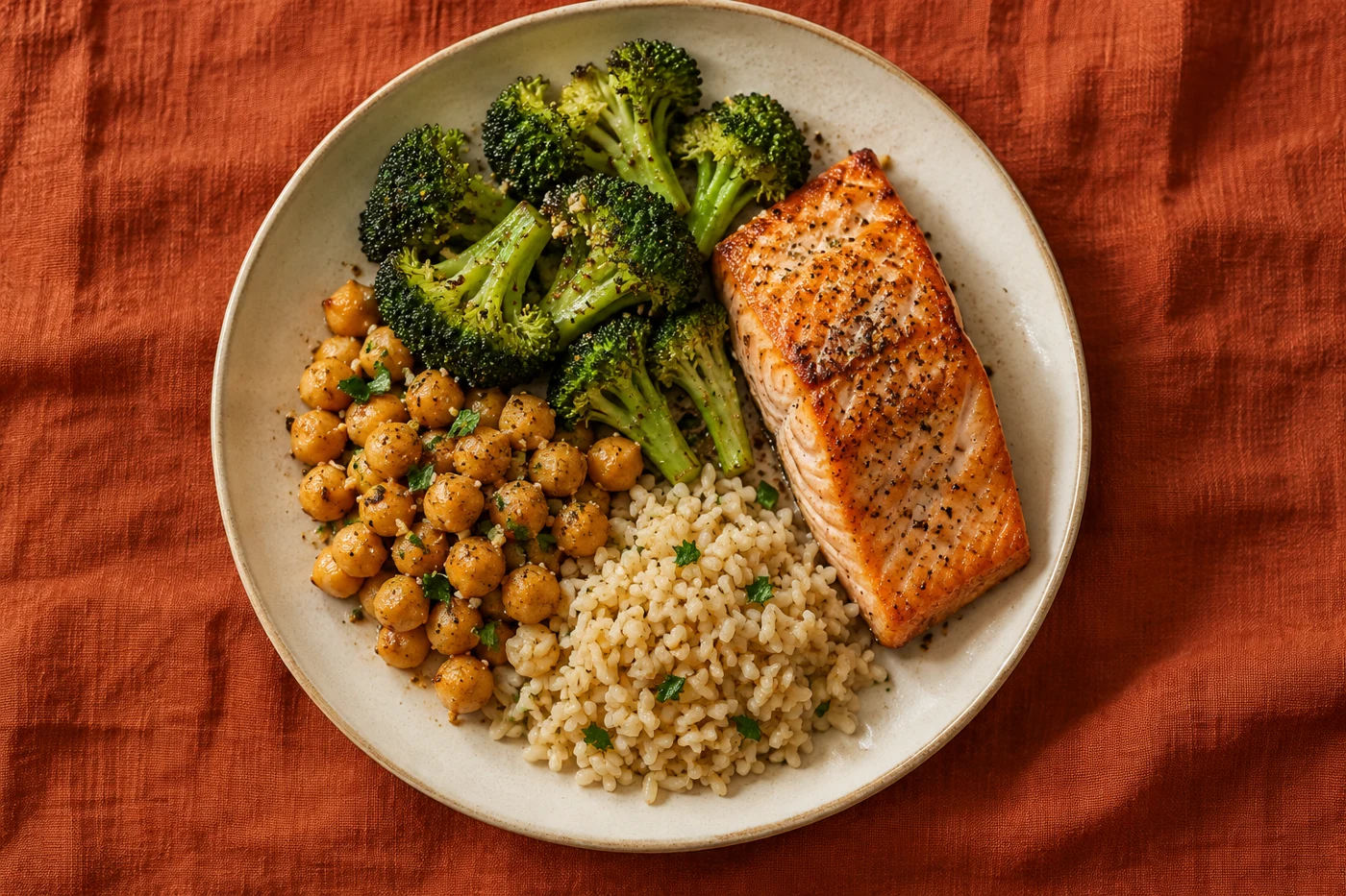 Illustrative balanced meal with salmon, vegetables, chickpeas and brown rice.