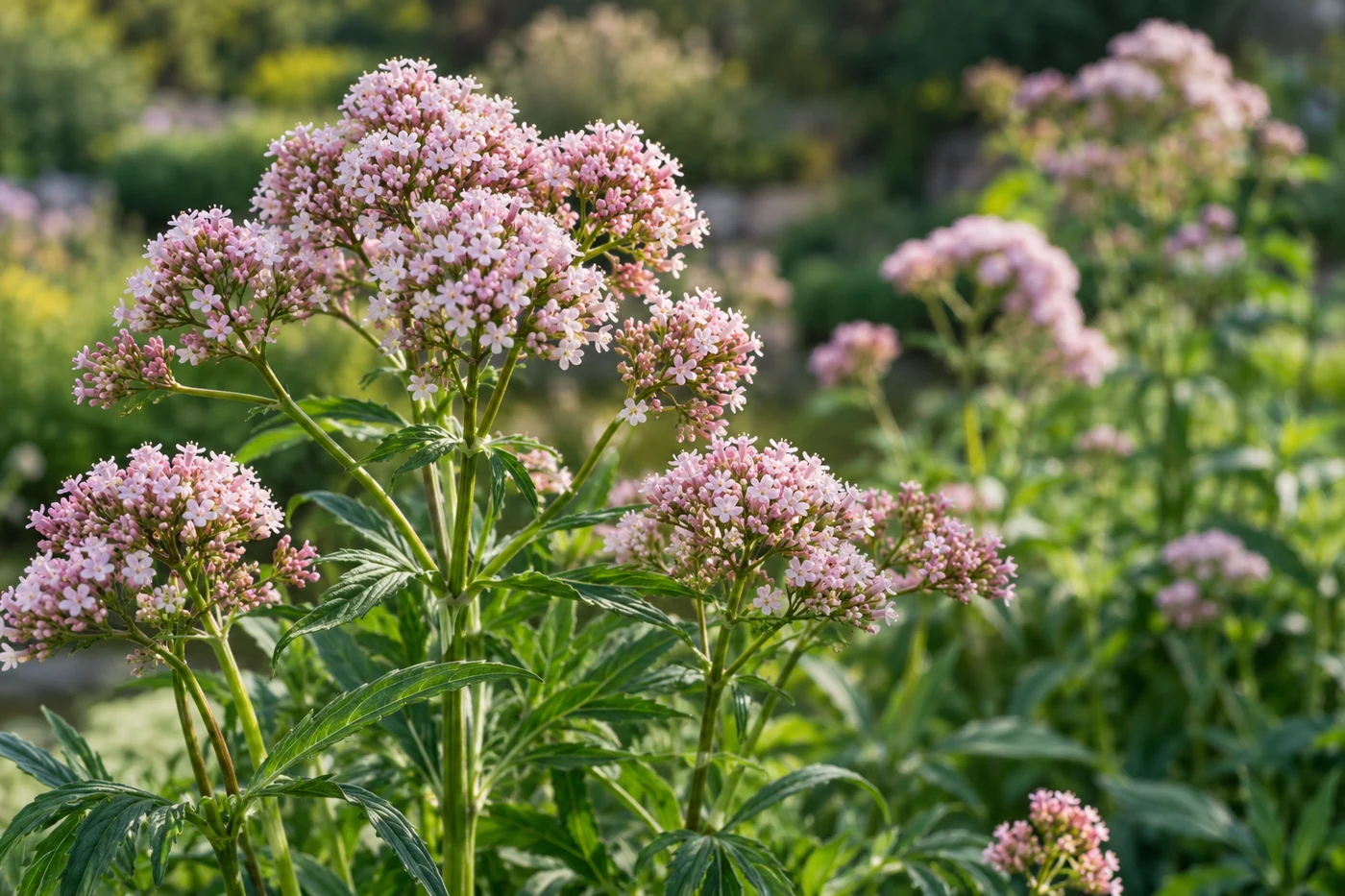 Botanical garden close-up of flowering Valeriana officinalis with pale pink flower clusters and green foliage, soft background. Illustrative editorial photograph.