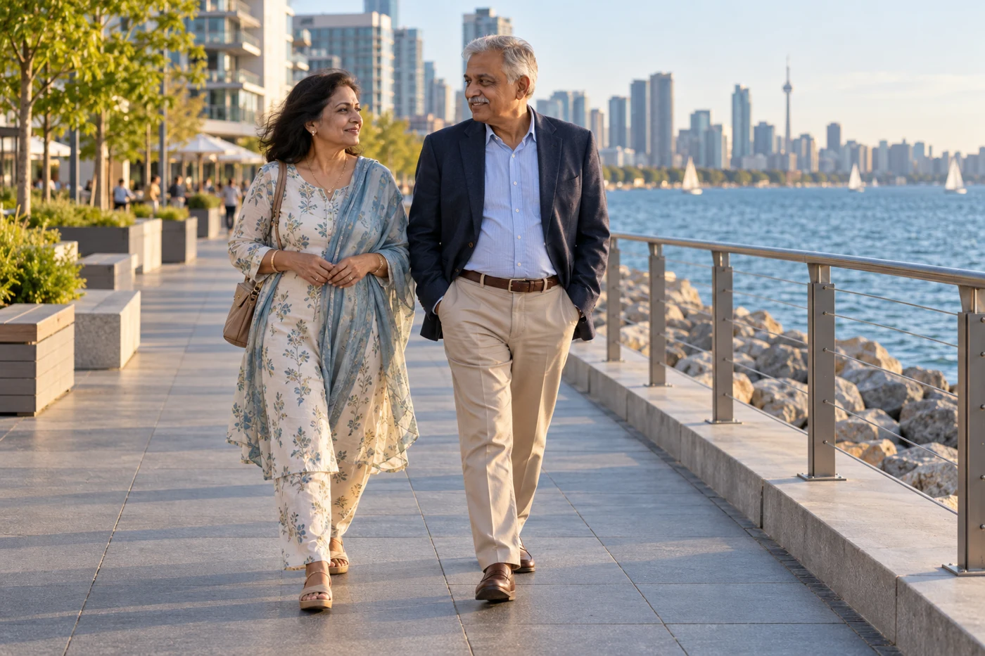Illustrative photograph of an older couple taking a relaxed walk beside a waterfront.